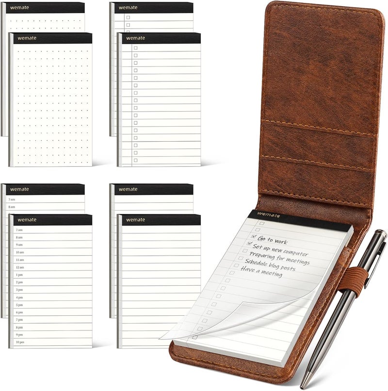 WEMATE 10 Pieces Notepad Holder Set Pocket Notebook - Included Mini Pocket Notepad Holder Set with 8 Memo Book Refills and Metal Pen for Meetings, Daily Records, and Notes 3 x 5 Inch (Brown) - Image 1